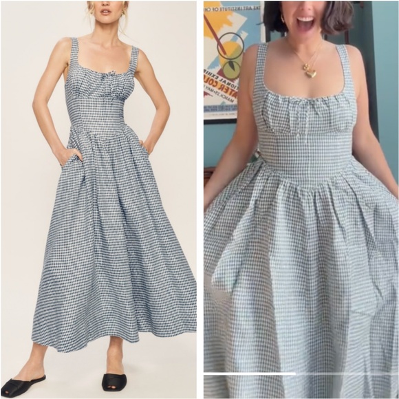 Reformation Dresses & Skirts - BEST Reformation Balia Linen Midi Dress - Slate Check Navy Blue White Spring